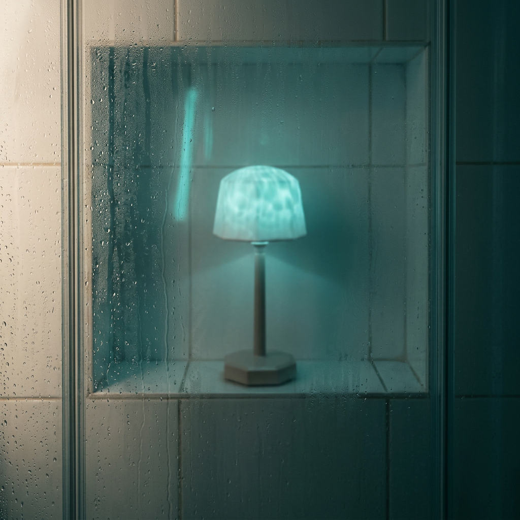 Lamp glowing behind a steamy shower screen